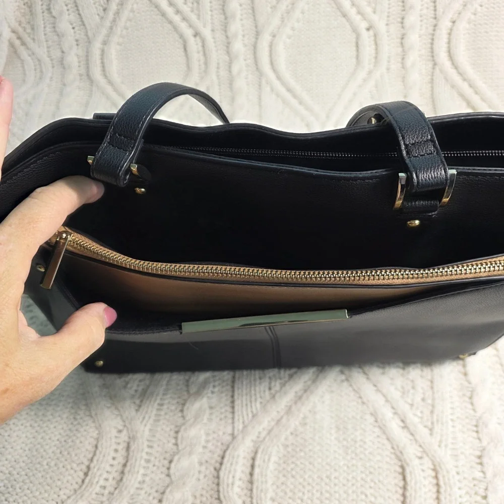 Ann Taylor Tote Laptop Bag Black Tan Faux Leather Work Office Elegant‎ Designer